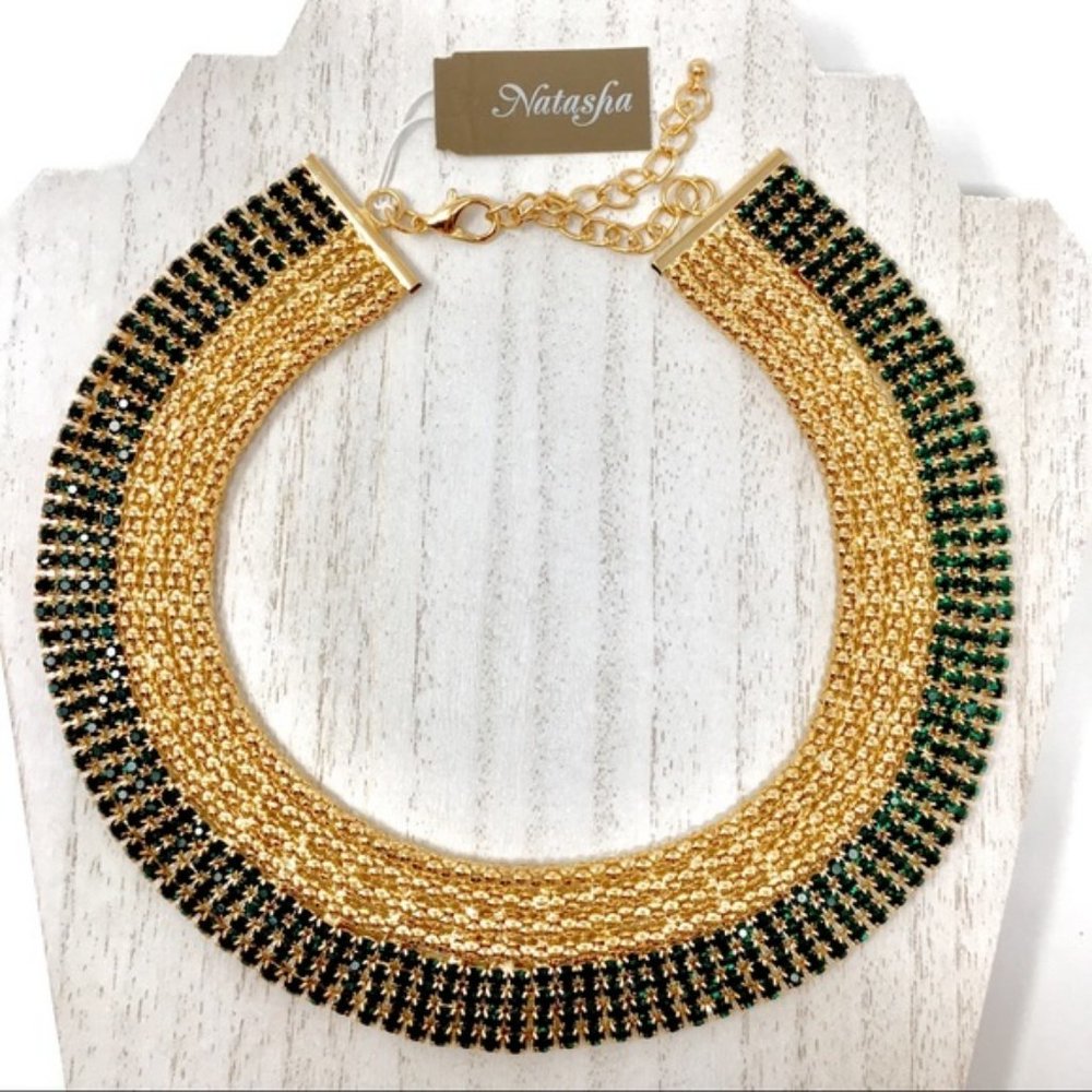 New Bib Necklace Natasha Statement Emerald Colored Crystals